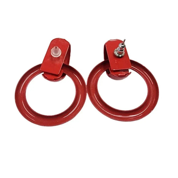 Vintage Red Enamel Dangle Drop Circle Hoop Earrings - Picture 2 of 2